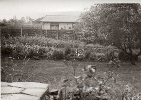 Højergårdsv 1970002  Haven 1970: Smal fliseterrasse. en bræmme staudebed, køkkenhave